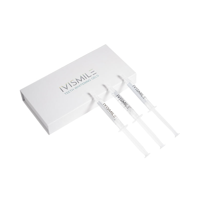IVISMILE teeth whitening gel syringes with packaging on a white background